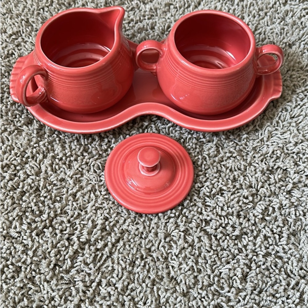 Fiesta Coral Ceramic Creamer, Sugar Bowl & Tray Set - Picture 2 of 3
